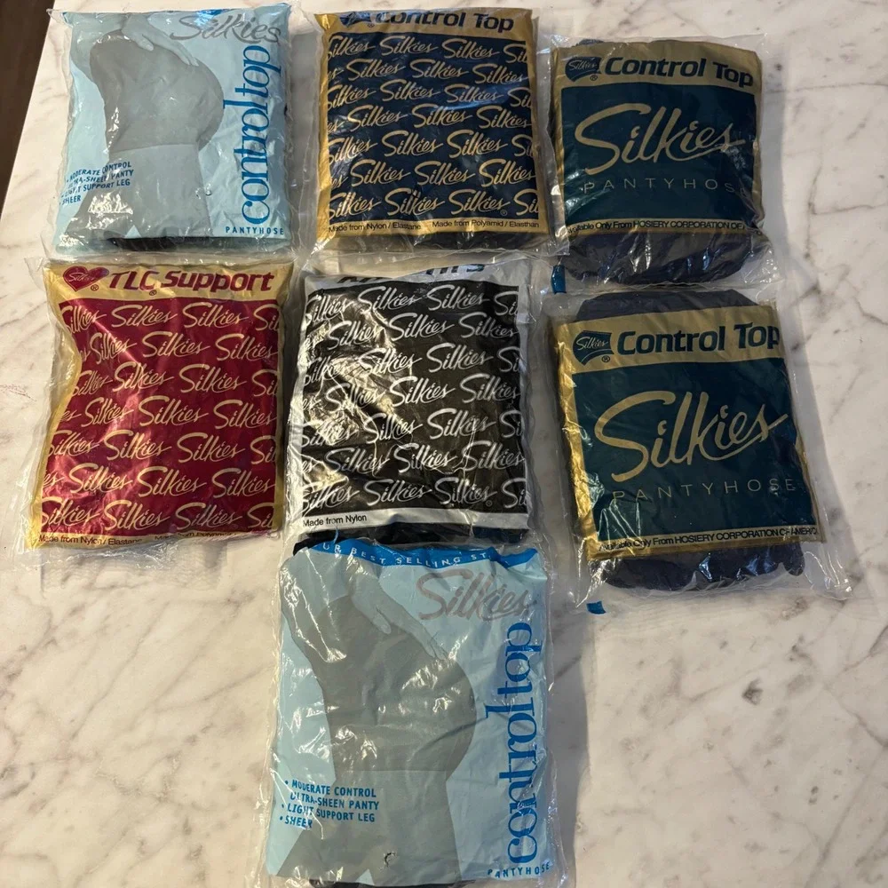 Lot of 7 Vintage Silkies Control Top Pantyhose & Knee Highs Navy Blue Small